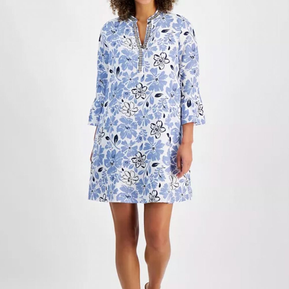 Charter Club Luxury 100% Linen Petite Embellished Mini Dress 3/4 Sleeve Summer
